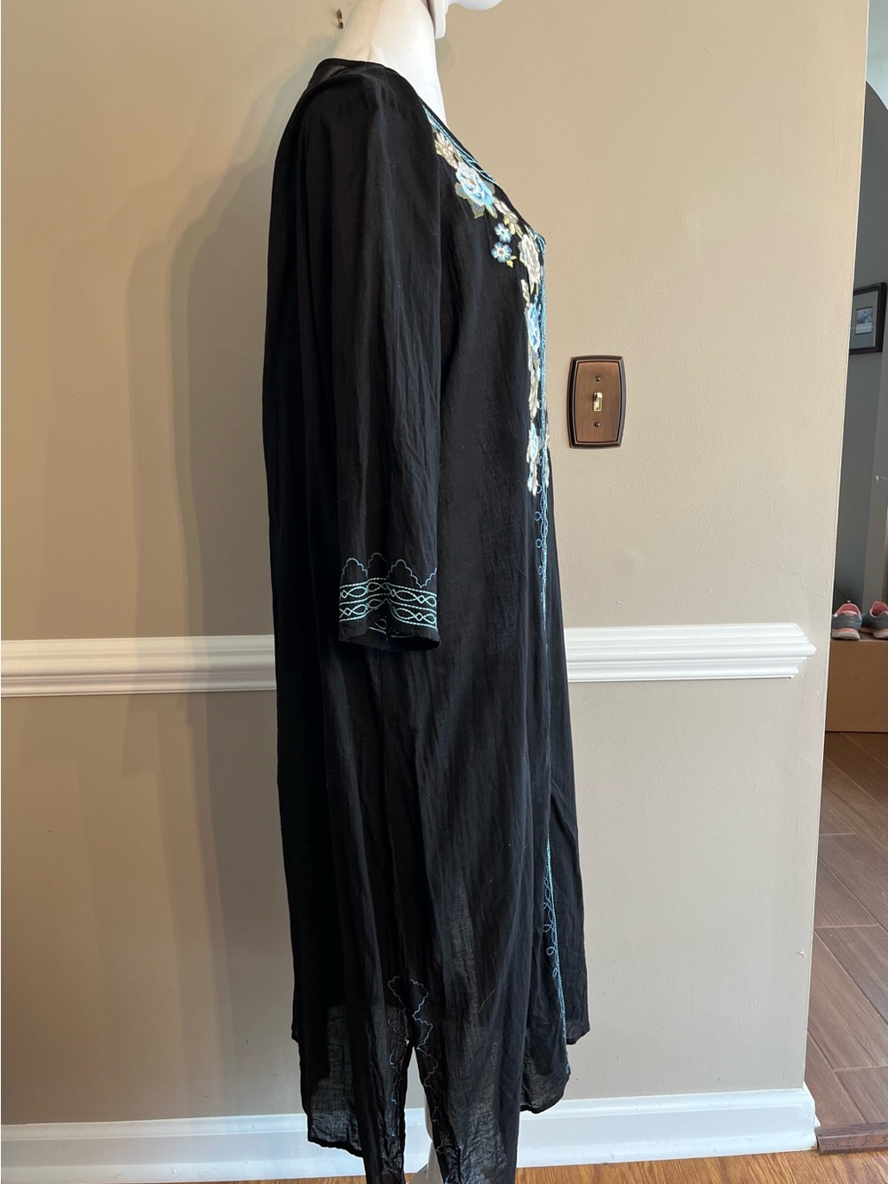paparazzi Black Maxi Dress swim coverup with Blue and Cream Floral Embroidery - Picture 2 of 6